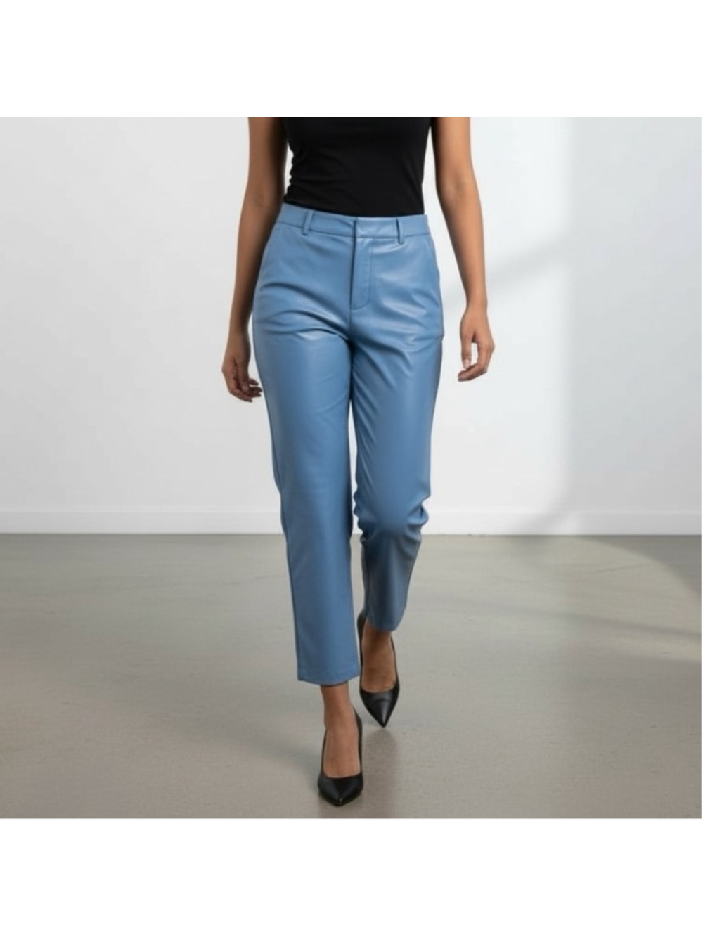 Babaton Command High Rise Blue Faux Leather Straight Ankle Pants Size 6